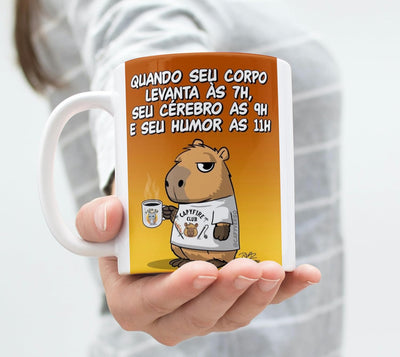 Caneca Divertida com Desenho de Urso e Frase Engraçada (Quando seu Corpo...), Cerâmica Branca
